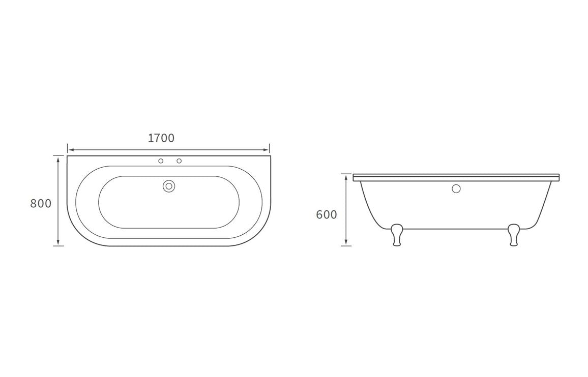 Quintus Freestanding Back To Wall 1700x800x600mm 2TH Bath w/Feet - White